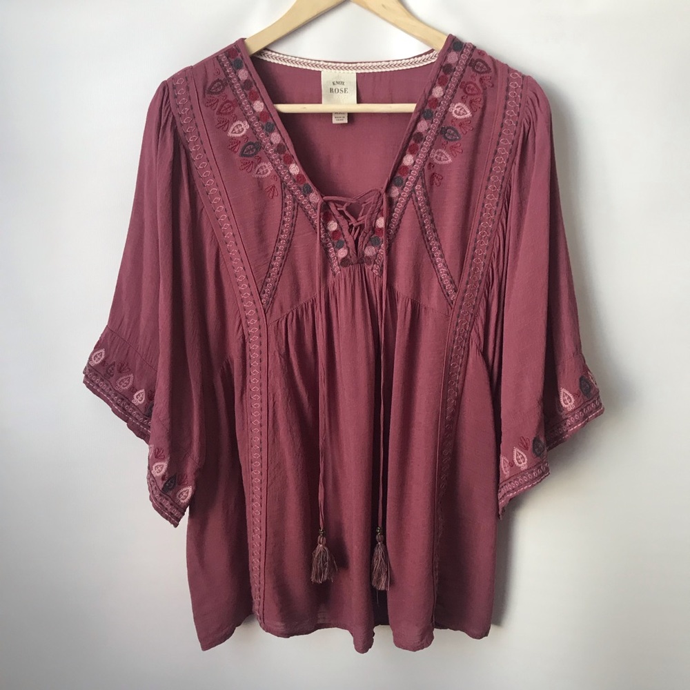 Knox Rose Mauve Embroidered Lace Up Peasant Top